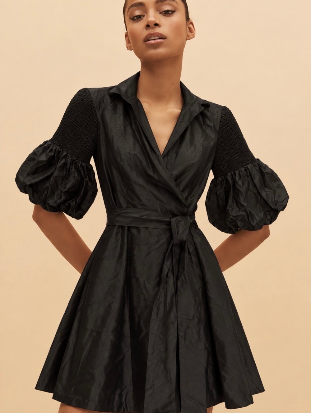 SHAN Black Mini Wrap Dress Bubble Sleeve Tie Waist Size 8